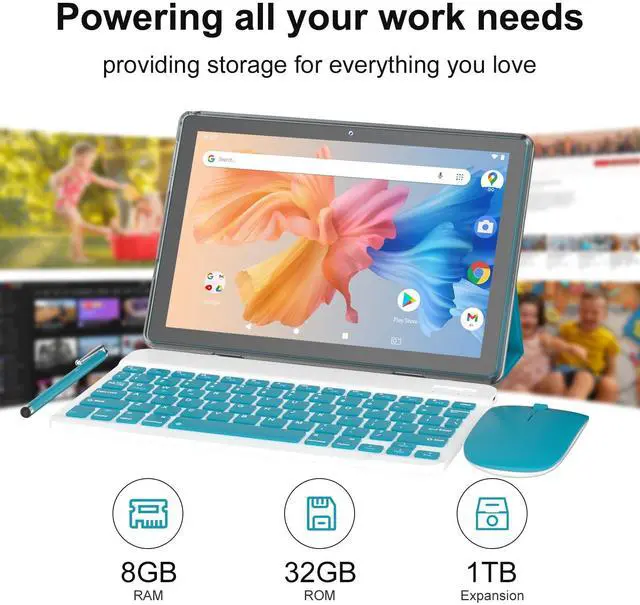 Alt view image 3 of 5 - Android 15 Tablet,10 inch Tablets, 8GB RAM+32GB ROM/2TB Expandable, 2 in 1 Tablets with Keyboard Case, 1280x800 IPS Display Screen, 5G Wi-Fi6, Dual Camera, 6000mAh Battery BT5 Widevine L1 (Green)