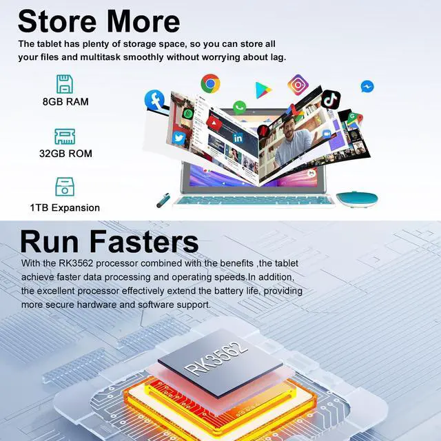 Alt view image 4 of 5 - Android 15 Tablet,10 inch Tablets, 8GB RAM+32GB ROM/2TB Expandable, 2 in 1 Tablets with Keyboard Case, 1280x800 IPS Display Screen, 5G Wi-Fi6, Dual Camera, 6000mAh Battery BT5 Widevine L1 (Green)