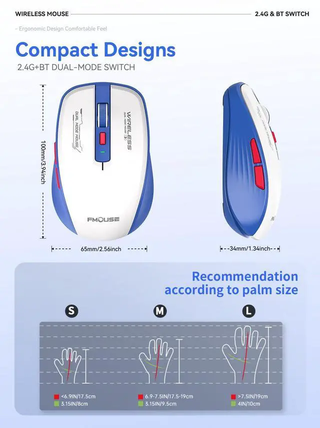 Alt view image 3 of 5 - DAHULI Bluetooth Mouse, Bluetooth 5.1 + 2.4GHz USB + USB-C Dongle, Wireless Mouse Tri-Mode, with Forward/Backward Side Keys, Silent Click, Side Buttons, Portable for Laptop, Mac, iPad (Blue White)