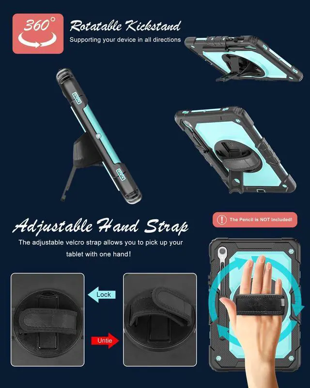 Alt view image 3 of 5 - BASE MALL Case for Samsung Galaxy Tab S10 Lite/ S10 FE/ S9 FE 5G/ S9 Tablet Case 10.9"/11", Shockproof Protective Cover with Screen Protector, Pen Holder, 360° Rotating Stand and Hand Strap, SkyBlue