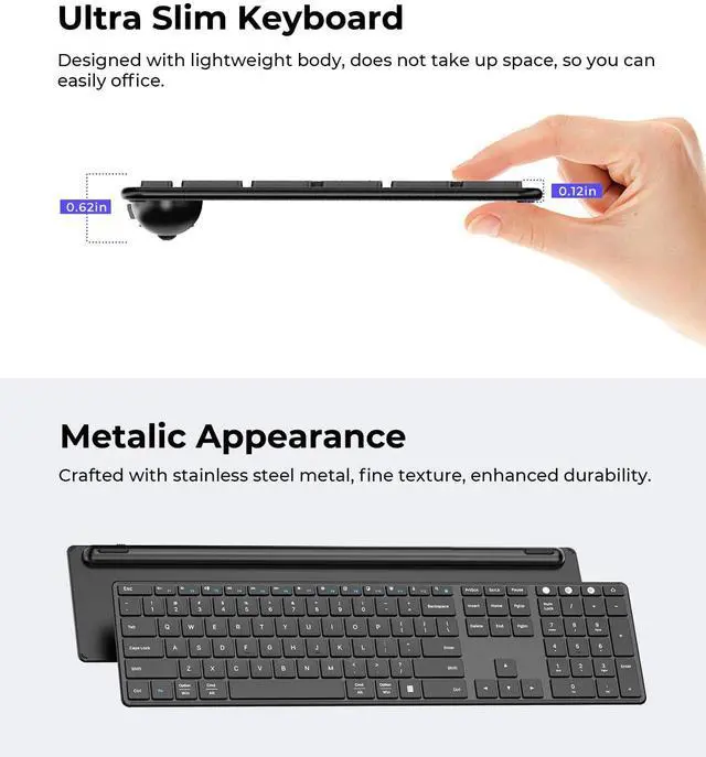 Alt view image 4 of 5 - seenda Wireless Bluetooth Keyboard and Mouse Combo (USB + Dual BT), SKM64-3 Multi-Device Rechargeable Slim Keyboard and Mouse, Compatible for Win 7/8/10, MacBook Pro/Air, iPad, Tablet - Black