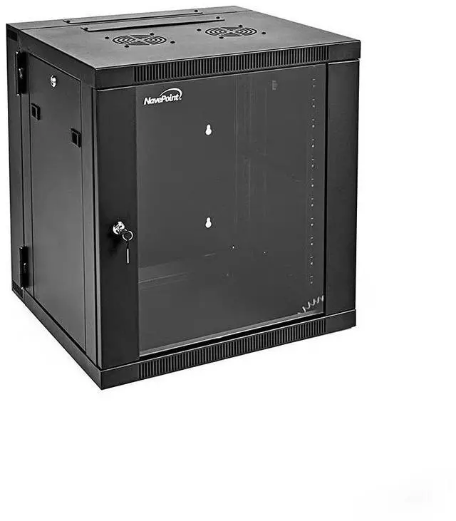 Main image of NavePoint Server Cabinet with Hinged Back - 17.7' Deep, 12U Rack Enclosure with Locking Glass Door, Wall Mount Rack with Removable Side Panels, Network Cabinet with 2 Fans, Assembled