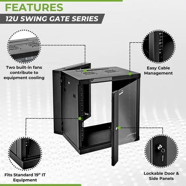 Alt view image 2 of 5 - NavePoint Server Cabinet with Hinged Back - 17.7' Deep, 12U Rack Enclosure with Locking Glass Door, Wall Mount Rack with Removable Side Panels, Network Cabinet with 2 Fans, Assembled