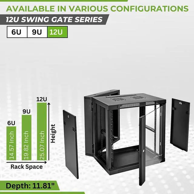 Alt view image 3 of 5 - NavePoint Server Cabinet with Hinged Back - 17.7' Deep, 12U Rack Enclosure with Locking Glass Door, Wall Mount Rack with Removable Side Panels, Network Cabinet with 2 Fans, Assembled