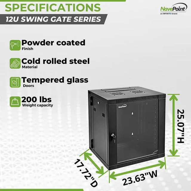 Alt view image 4 of 5 - NavePoint Server Cabinet with Hinged Back - 17.7' Deep, 12U Rack Enclosure with Locking Glass Door, Wall Mount Rack with Removable Side Panels, Network Cabinet with 2 Fans, Assembled
