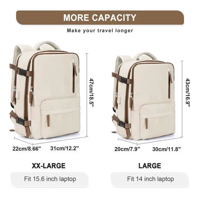 Alt view image 2 of 5 - Large Travel Backpack Women, Carry On Backpack,Hiking Backpack Waterproof Outdoor Sports Rucksack Casual Daypack with USB Charging Port Shoes Compartment, Beige Brown