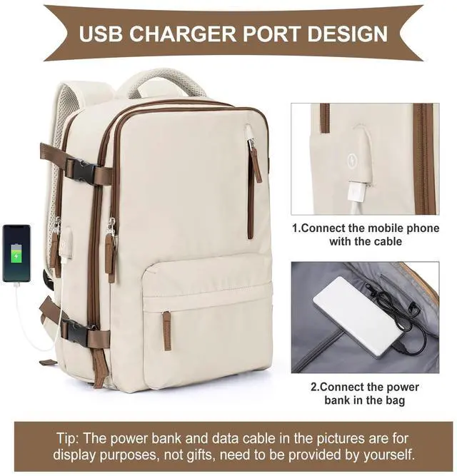 Alt view image 4 of 5 - Large Travel Backpack Women, Carry On Backpack,Hiking Backpack Waterproof Outdoor Sports Rucksack Casual Daypack with USB Charging Port Shoes Compartment, Beige Brown