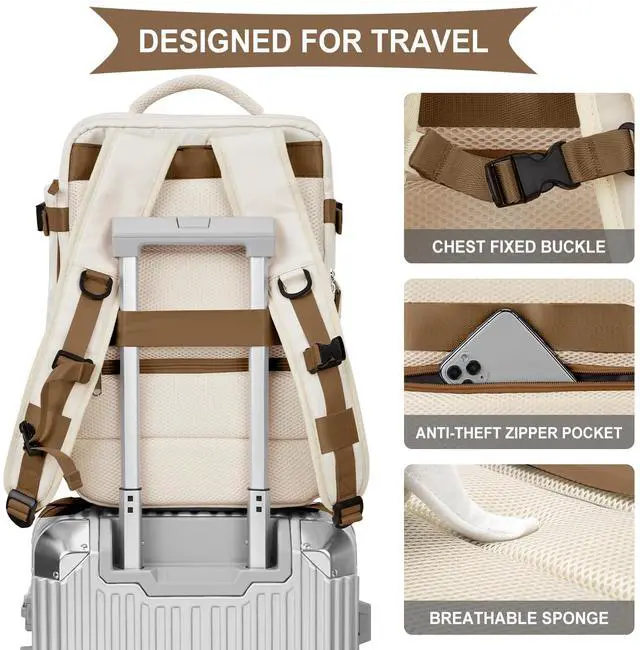 Alt view image 5 of 5 - Large Travel Backpack Women, Carry On Backpack,Hiking Backpack Waterproof Outdoor Sports Rucksack Casual Daypack with USB Charging Port Shoes Compartment, Beige Brown