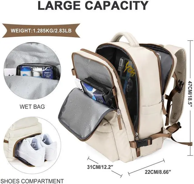 Alt view image 3 of 5 - Large Travel Backpack Women, Carry On Backpack,Hiking Backpack Waterproof Outdoor Sports Rucksack Casual Daypack with USB Charging Port Shoes Compartment, Beige Brown