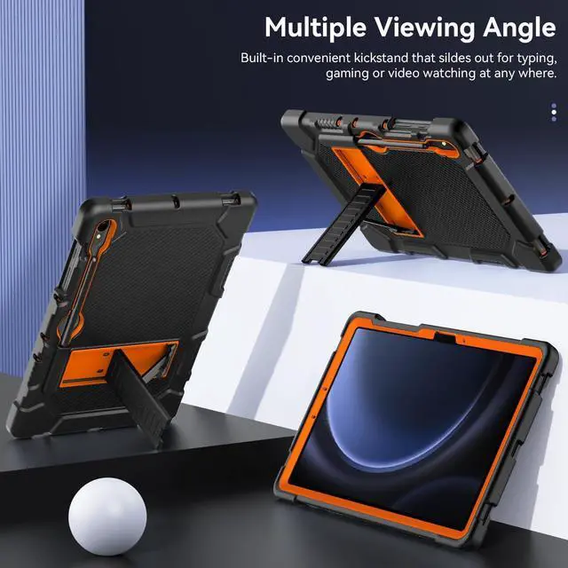 Alt view image 3 of 5 - Cantis Case for Samsung Galaxy Tab S10 FE/ S9 FE 5G 10.9 Inch/Galaxy Tab S9 11 Inch 2023, Heavy Duty Shockproof Tablet Case Support S Pen, Black+Orange+Black