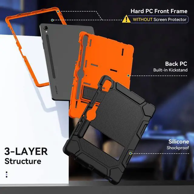 Alt view image 4 of 5 - Cantis Case for Samsung Galaxy Tab S10 FE/ S9 FE 5G 10.9 Inch/Galaxy Tab S9 11 Inch 2023, Heavy Duty Shockproof Tablet Case Support S Pen, Black+Orange+Black