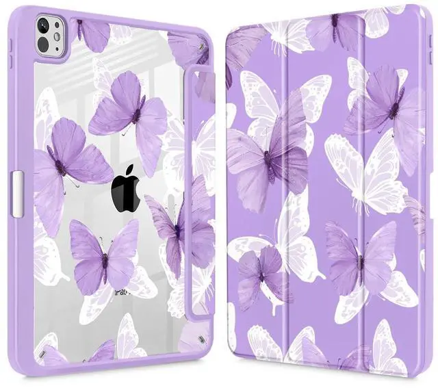 Main image of May Chen Case for iPad Pro 11-Inch M5/M4 2025/2024 (6th/5th Generation), Clear Transparent Print Back Shell Slim Stand Shockproof Tablet Cover, Auto Wake/Sleep, Butterfly P787