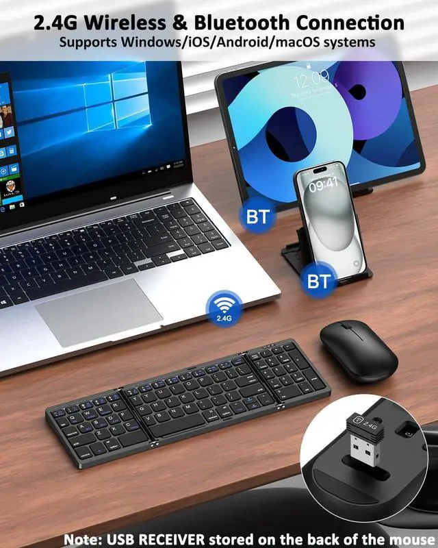 Alt view image 2 of 5 - Foldable Keyboard and Mouse, Folding Wireless Keyboard Mouse Combo with Portable Case, Rechargeable 2.4G Wireless+Bluetooth Multi-Device Combo for Windows, iOS, Android, macOS PC/Laptop/Tablet