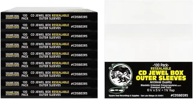 Main image of Square Deal Recordings & Supplies - CD Sleeves - RESEALABLE Premium 2mil Thick - Archival Quality, Crystal Clear - Holds 1 Standard 10.4mm CD Jewel Box (1000 Sleeves)