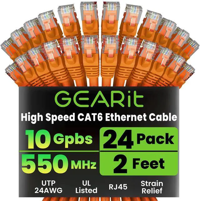 Main image of GEARit Cat 6 Ethernet Cable (24-Pack 2 Feet) Cat6 Network Patch, 10Gbps, RJ45, Snagless Cord, Gold-Plated Connectors, Internet for PC, TV, Tablet, Router, Printer, Servers, IT Data Center - Orange