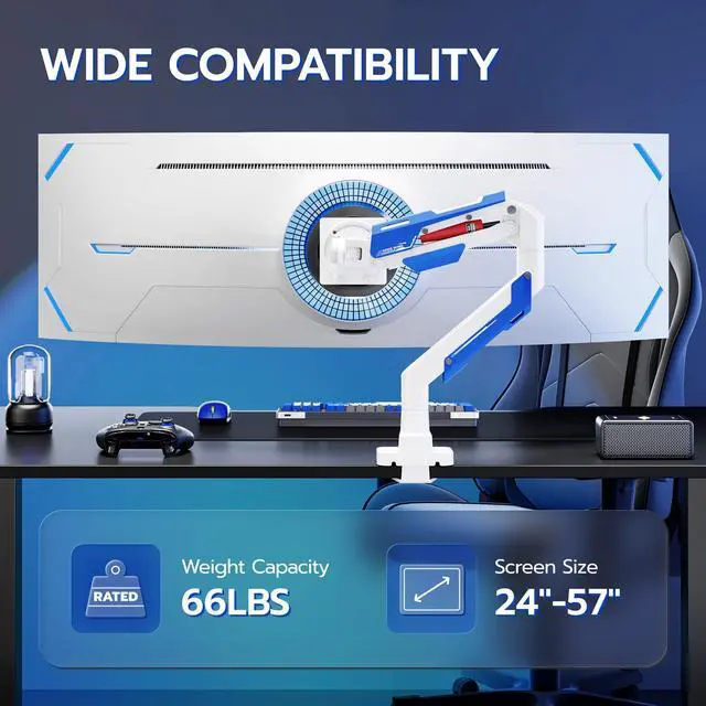 Alt view image 3 of 5 - ARES WING Heavy Duty Single Monitor Arm - Gas Spring Aluminum Monitor Mount for 24"-57" Ultrawide Screens up to 66 lbs with Clamp/Grommet Desk Mount, 75/100/200 Vesa Mount, White