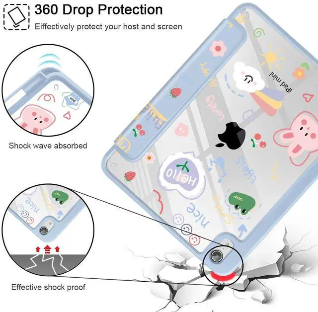 Alt view image 5 of 5 - May Chen Case for iPad mini 7 (A17 Pro, 7th Generation) 2024 / iPad mini 6 (6th Gen) 8.3 Inch, [Built-in Pencil Holder] Shockproof Cover Clear Clear Back Shell Auto Wake/Sleep, Cartoon Stick Figure