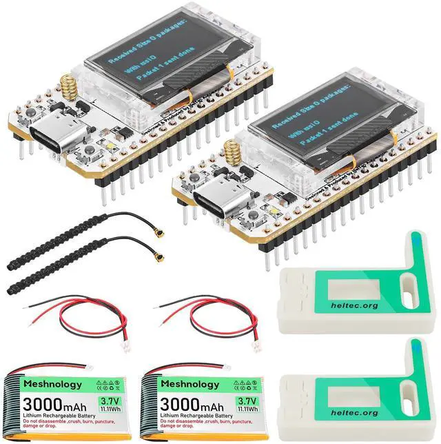 Main image of 2 Pack ESP32 LoRa V3 Module Board with 3000mAh Battery Set - with 915MHz Antenna and SX1262 LoRa V3 Case Devices for Meshtastic Arduino LoRawan IOT