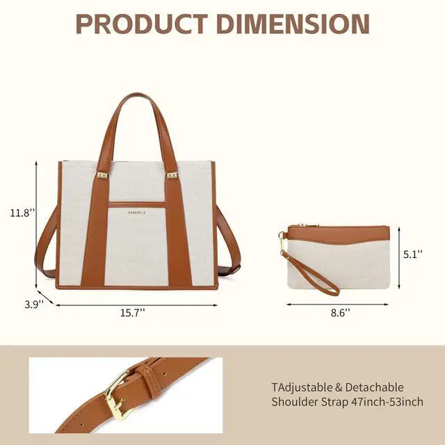 Alt view image 2 of 5 - BASA BELA Canvas Tote Bag for Women Work, Pu Leather Laptop Handbag for Daily Use with Small Wallet Brown