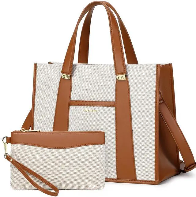 Main image of BASA BELA Canvas Tote Bag for Women Work, Pu Leather Laptop Handbag for Daily Use with Small Wallet Brown