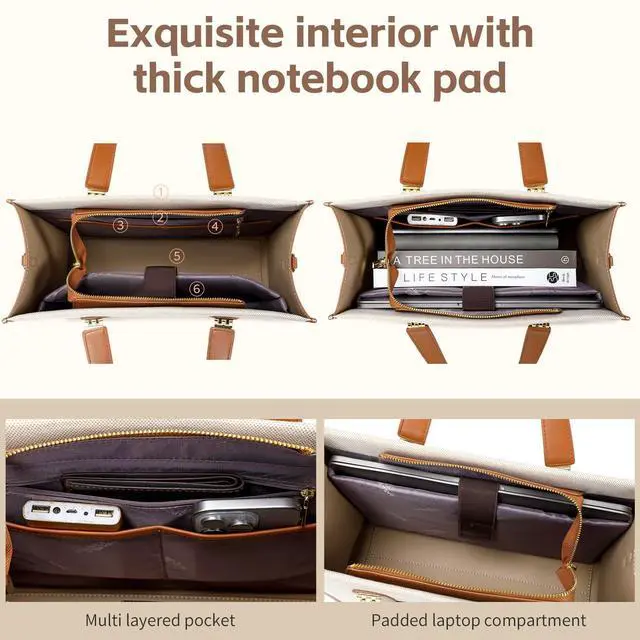 Alt view image 3 of 5 - BASA BELA Canvas Tote Bag for Women Work, Pu Leather Laptop Handbag for Daily Use with Small Wallet Brown