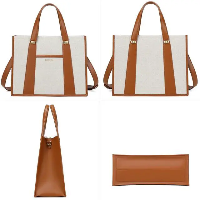 Alt view image 5 of 5 - BASA BELA Canvas Tote Bag for Women Work, Pu Leather Laptop Handbag for Daily Use with Small Wallet Brown
