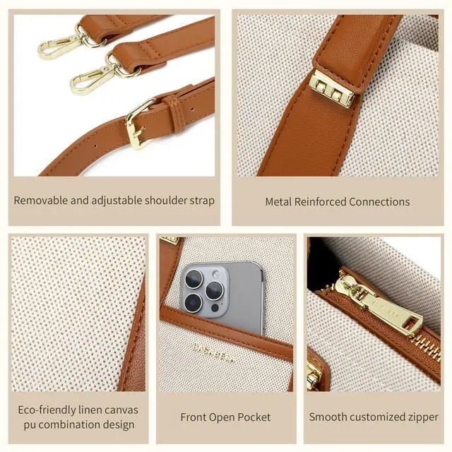 Alt view image 4 of 5 - BASA BELA Canvas Tote Bag for Women Work, Pu Leather Laptop Handbag for Daily Use with Small Wallet Brown