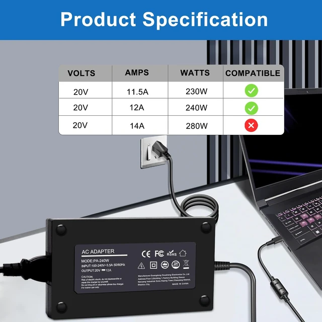 Alt view image 2 of 5 - 240W USB Tip Laptop Charger for MSI GE76 GE66 Raider GP76 GP66 Leopard GS77 MS-17K3 AC Power Adapter Supply 20V 12A