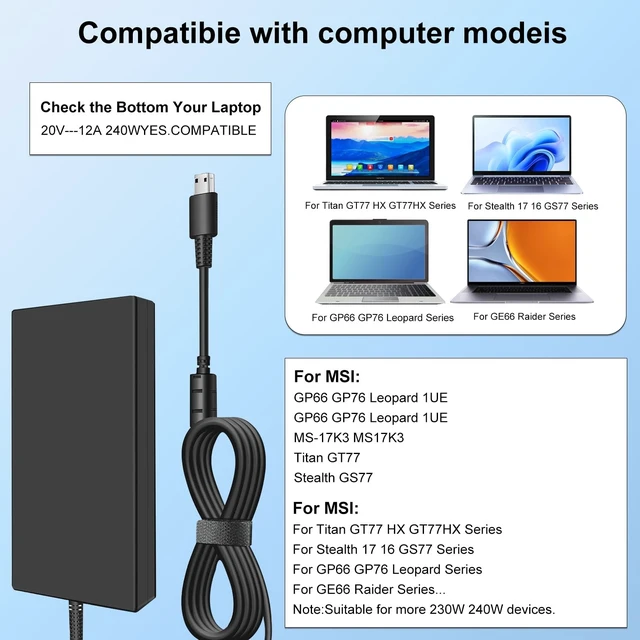 Alt view image 4 of 5 - 240W USB Tip Laptop Charger for MSI GE76 GE66 Raider GP76 GP66 Leopard GS77 MS-17K3 AC Power Adapter Supply 20V 12A