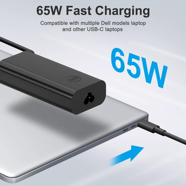 Alt view image 2 of 5 - 65W USB-C Charger for Dell, Compatible with Dell Latitude Inspiron Chromebook XPS 13 Computer Type C Laptop Power Adapter PD Fast Charging with USB C Cable