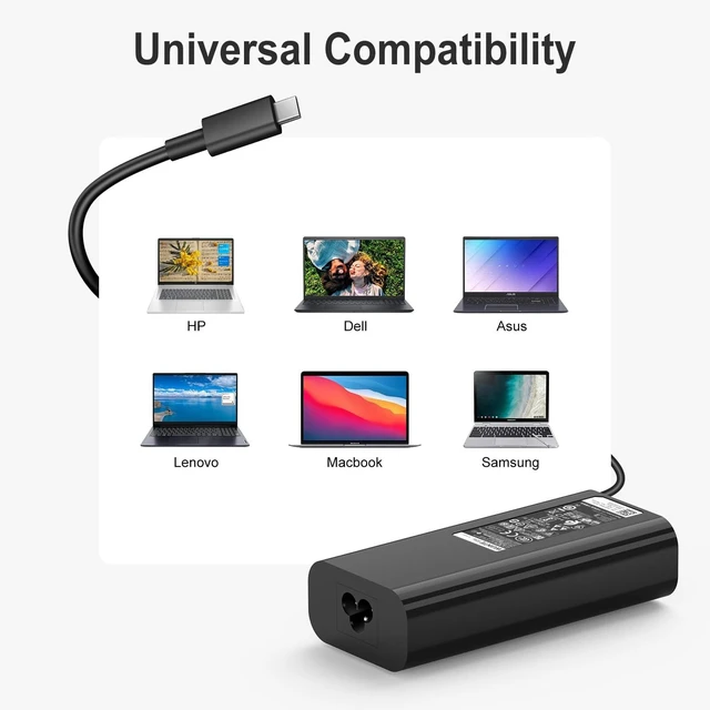 Alt view image 3 of 5 - 65W USB-C Charger for Dell, Compatible with Dell Latitude Inspiron Chromebook XPS 13 Computer Type C Laptop Power Adapter PD Fast Charging with USB C Cable