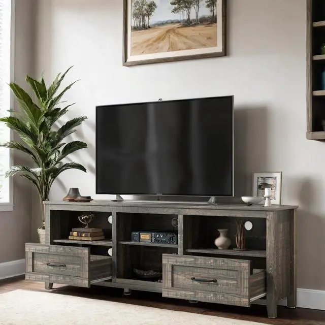 Alt view image 3 of 6 - wesome  70 Inch Length TV Stand for Living Room and Bedroom, with 2 Drawers and 4 High-Capacity Storage Compartment, Black Pine