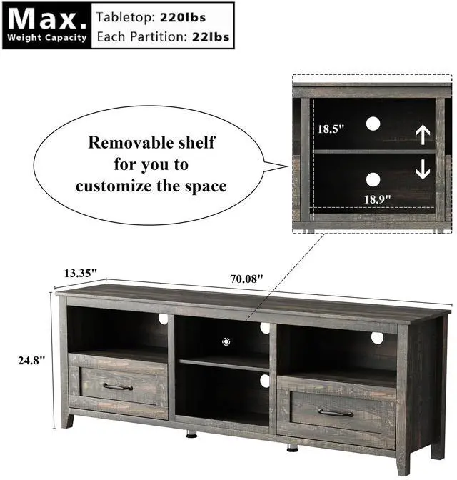 Alt view image 6 of 6 - wesome  70 Inch Length TV Stand for Living Room and Bedroom, with 2 Drawers and 4 High-Capacity Storage Compartment, Black Pine