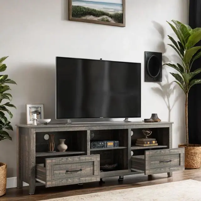 Alt view image 5 of 6 - wesome  70 Inch Length TV Stand for Living Room and Bedroom, with 2 Drawers and 4 High-Capacity Storage Compartment, Black Pine