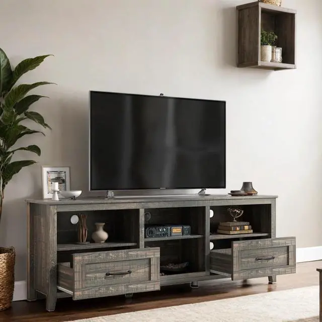 Alt view image 4 of 6 - wesome  70 Inch Length TV Stand for Living Room and Bedroom, with 2 Drawers and 4 High-Capacity Storage Compartment, Black Pine