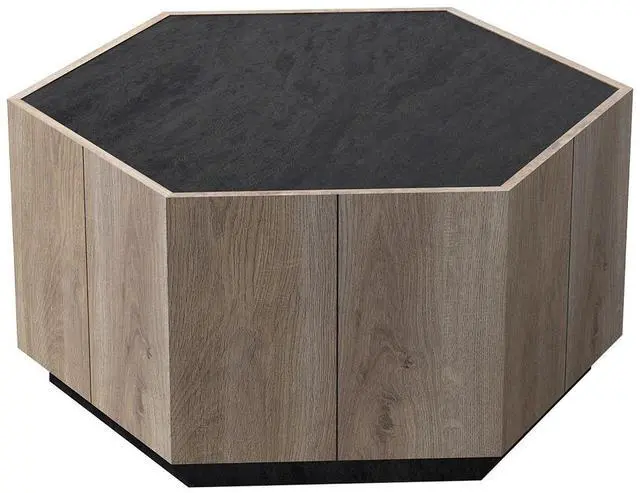 Alt view image 2 of 6 - Wesome Hexagonal Rural Style Garden Retro Living Room Coffee Table with 2 drawers, Textured Black + Warm Oak