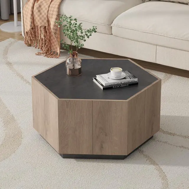 Main image of Wesome Hexagonal Rural Style Garden Retro Living Room Coffee Table with 2 drawers, Textured Black + Warm Oak