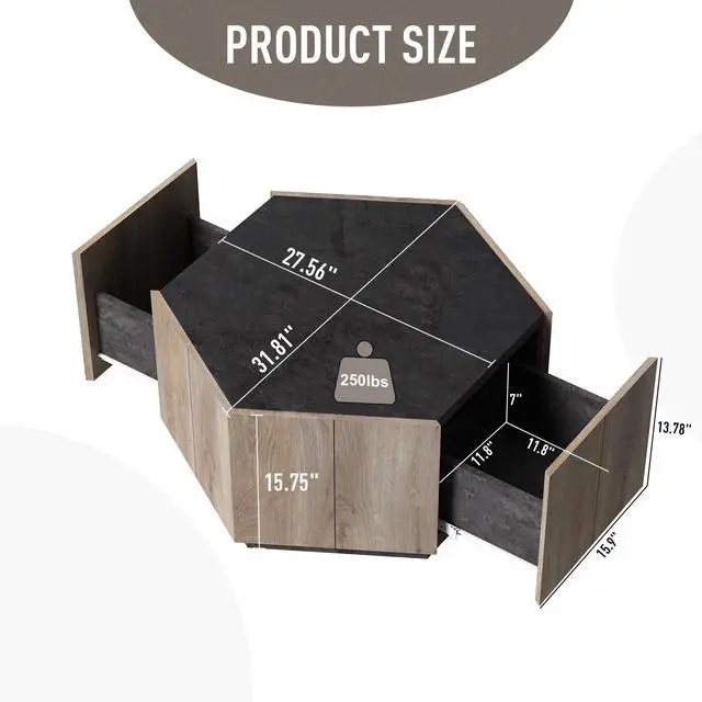 Alt view image 6 of 6 - Wesome Hexagonal Rural Style Garden Retro Living Room Coffee Table with 2 drawers, Textured Black + Warm Oak