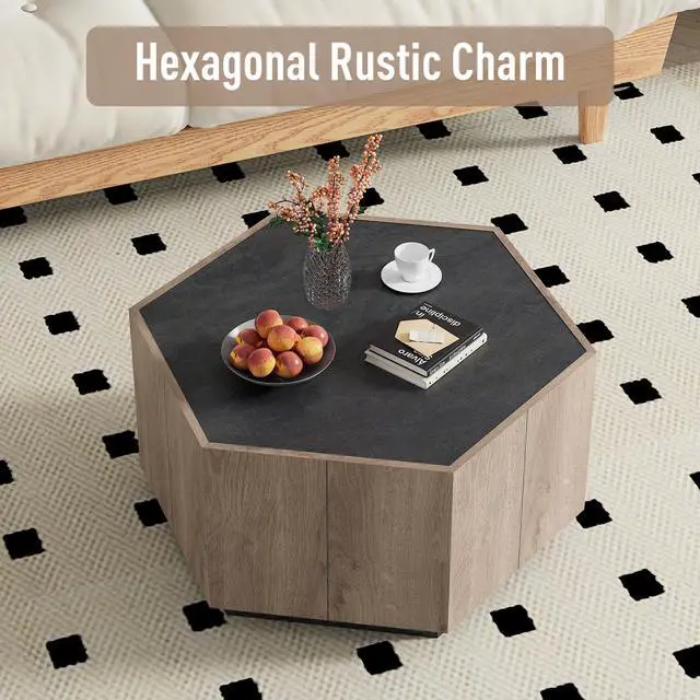 Alt view image 3 of 6 - Wesome Hexagonal Rural Style Garden Retro Living Room Coffee Table with 2 drawers, Textured Black + Warm Oak
