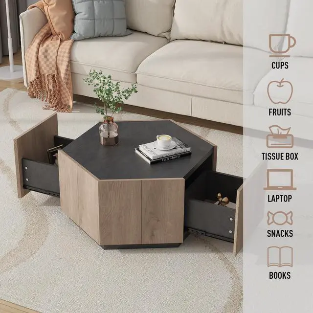 Alt view image 5 of 6 - Wesome Hexagonal Rural Style Garden Retro Living Room Coffee Table with 2 drawers, Textured Black + Warm Oak