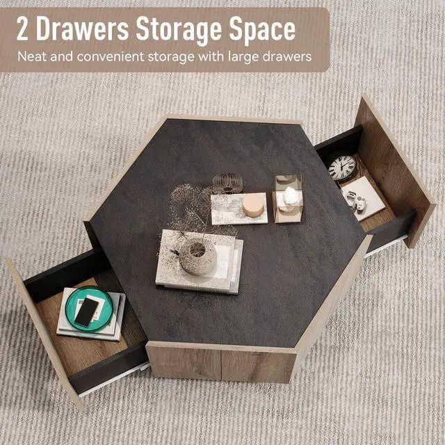 Alt view image 4 of 6 - Wesome Hexagonal Rural Style Garden Retro Living Room Coffee Table with 2 drawers, Textured Black + Warm Oak