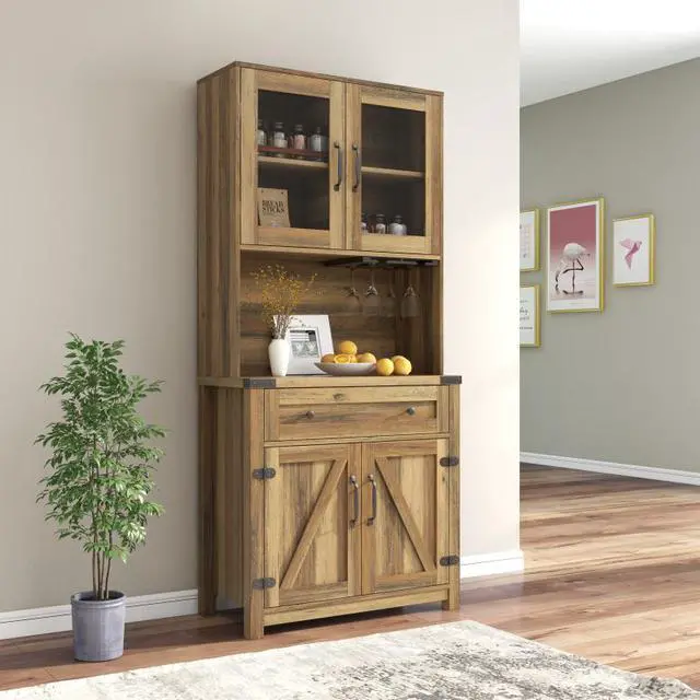 Main image of Wesome Modern Farmhouse Double Barn Door Accent Bar Cabinet with Goblet Holder, Yellow Walnut