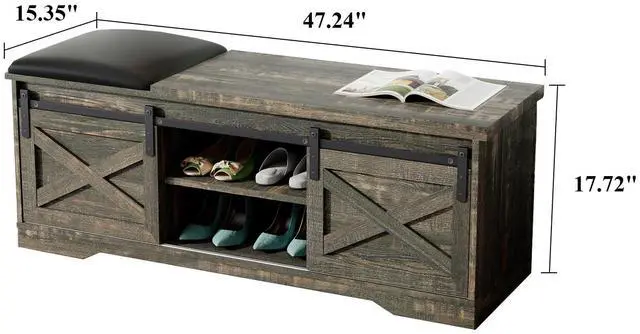 Alt view image 5 of 5 - wesome 47 Inch Modern Farmhouse Sliding X Barn Door Litterbox Bench with Entry Cutout, Shoe Bench, Grey Walnut Old Pine