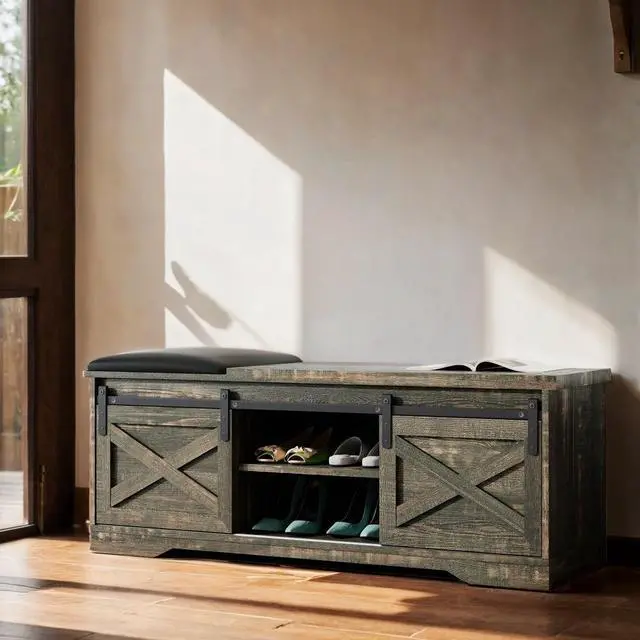 Alt view image 2 of 5 - wesome 47 Inch Modern Farmhouse Sliding X Barn Door Litterbox Bench with Entry Cutout, Shoe Bench, Grey Walnut Old Pine