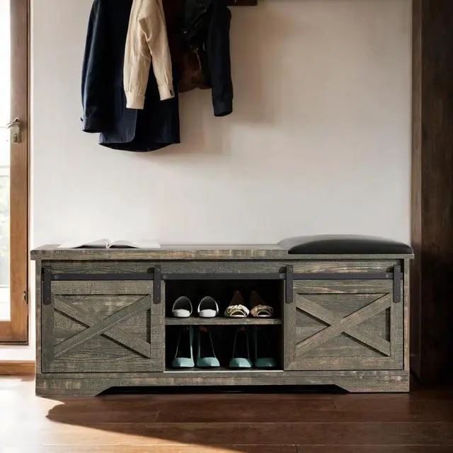 Alt view image 3 of 5 - wesome 47 Inch Modern Farmhouse Sliding X Barn Door Litterbox Bench with Entry Cutout, Shoe Bench, Grey Walnut Old Pine