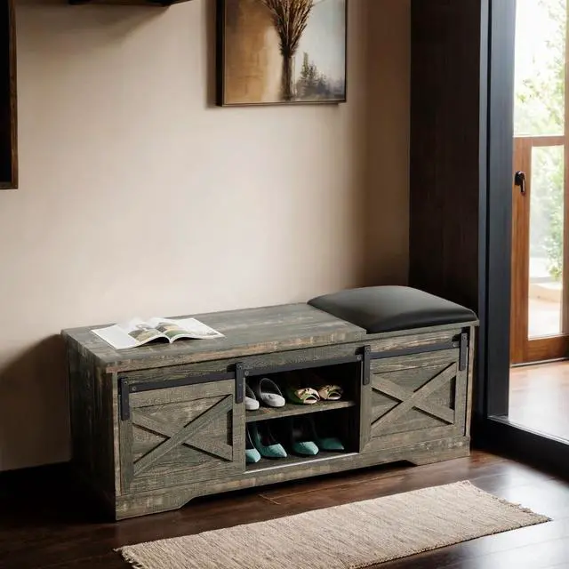 Alt view image 4 of 5 - wesome 47 Inch Modern Farmhouse Sliding X Barn Door Litterbox Bench with Entry Cutout, Shoe Bench, Grey Walnut Old Pine