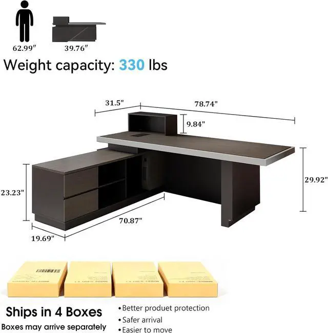 Alt view image 3 of 7 - 86" x 78" Luxury L-Shaped Executive Office Desk, Massive CEO Corner PC Workstation with Integrated Power Outlets, Smart LED Lighting & Heavy-Duty Storage Cabinet Right 86 in