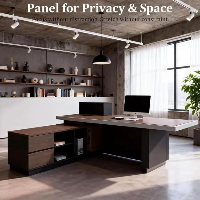 Alt view image 5 of 7 - 86" x 78" Luxury L-Shaped Executive Office Desk, Massive CEO Corner PC Workstation with Integrated Power Outlets, Smart LED Lighting & Heavy-Duty Storage Cabinet Right 86 in