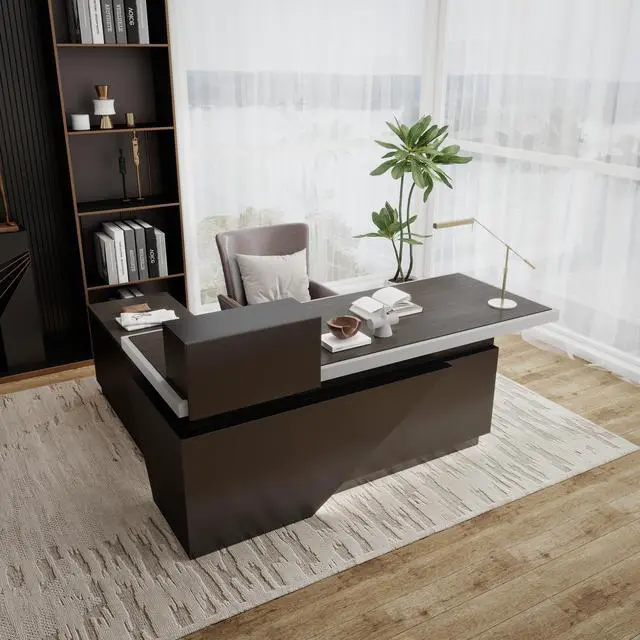 Alt view image 7 of 7 - 86" x 78" Luxury L-Shaped Executive Office Desk, Massive CEO Corner PC Workstation with Integrated Power Outlets, Smart LED Lighting & Heavy-Duty Storage Cabinet Right 86 in