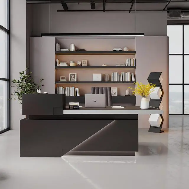 Main image of 86" x 78" Luxury L-Shaped Executive Office Desk, Massive CEO Corner PC Workstation with Integrated Power Outlets, Smart LED Lighting & Heavy-Duty Storage Cabinet Right 86 in
